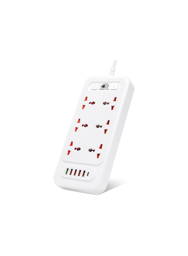 promass Universal Extension Lead with Multiple Function (5 USB Port 4A + 1 QC 3.0) with PD20W Type-C Port, 6 Multi Plug Charging Surge Protector Strip - 2M (White) - Image 5