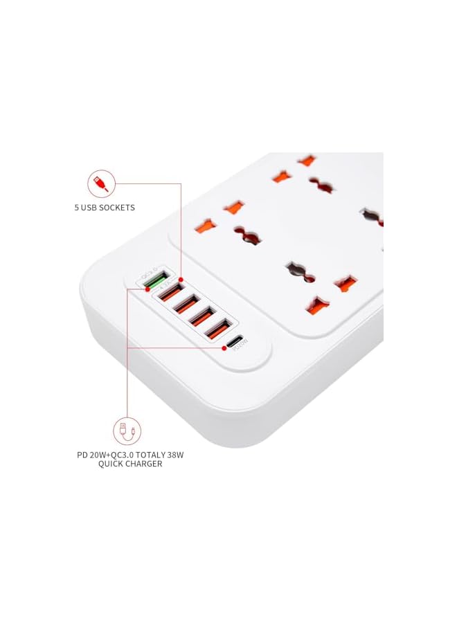 promass Universal Extension Lead with Multiple Function (5 USB Port 4A + 1 QC 3.0) with PD20W Type-C Port, 6 Multi Plug Charging Surge Protector Strip - 2M (White) - Image 4