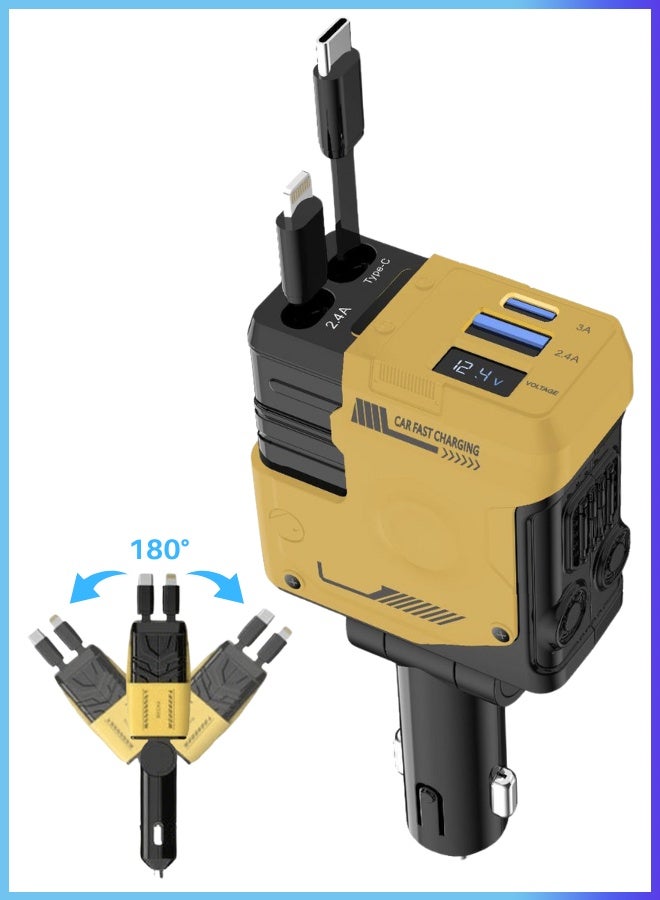 12v/24v Fast Car Charger With Retractable Cable - Dual Usb-C Pd Retractable Charging Cable Fast Car Power Adapter Pd20w For Iphone Type C 40w Car Bluetooth Usb Charger Plug With Iphone,Samsung,Galaxy,Huawei,Xiaomi | 4-In-1 Type C Fast Charging -Mecha Yellow  - Image 1