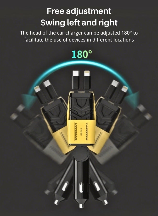 12v/24v Fast Car Charger With Retractable Cable - Dual Usb-C Pd Retractable Charging Cable Fast Car Power Adapter Pd20w For Iphone Type C 40w Car Bluetooth Usb Charger Plug With Iphone,Samsung,Galaxy,Huawei,Xiaomi | 4-In-1 Type C Fast Charging -Mecha Yellow  - Image 5