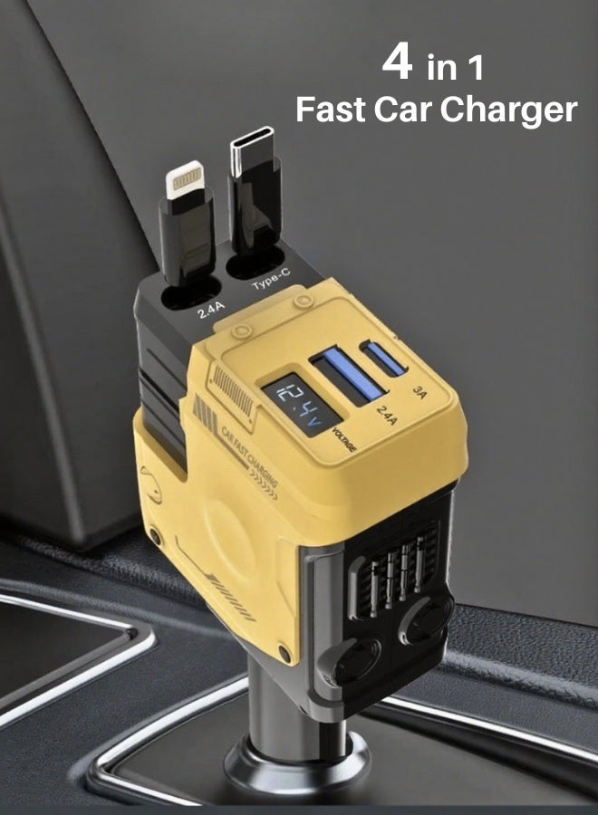 12v/24v Fast Car Charger With Retractable Cable - Dual Usb-C Pd Retractable Charging Cable Fast Car Power Adapter Pd20w For Iphone Type C 40w Car Bluetooth Usb Charger Plug With Iphone,Samsung,Galaxy,Huawei,Xiaomi | 4-In-1 Type C Fast Charging -Mecha Yellow  - Image 2