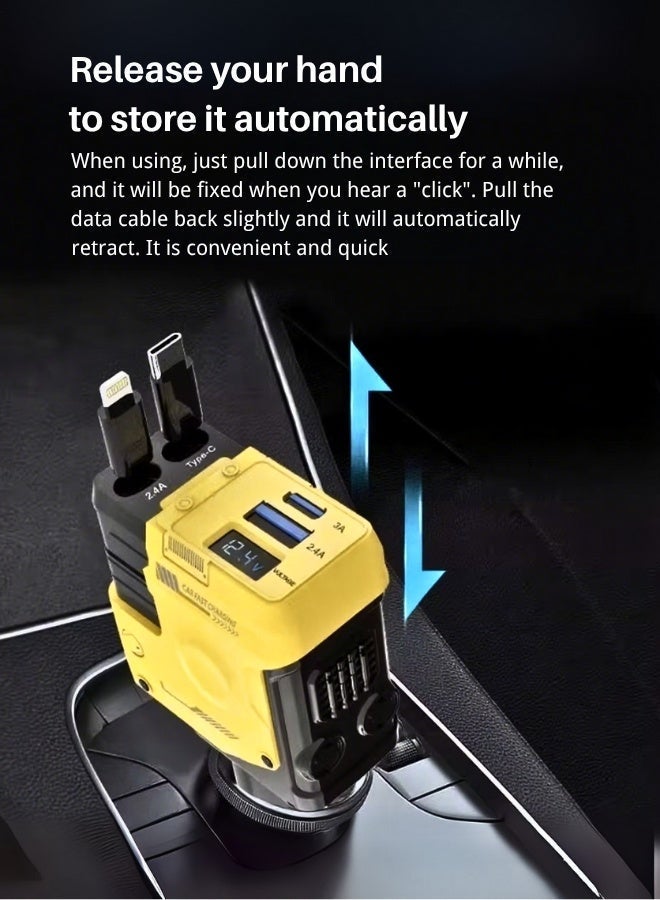 شاحن سيارة سريع 12 فولت/24 فولت مع كابل قابل للسحب - كابل شحن سريع مزدوج USB-C PD قابل للسحب، محول طاقة سريع للسيارة PD20 وات لأجهزة iPhone Type C، مقبس شاحن USB بلوتوث 40 وات للسيارة مع iPhone وSamsung وGalaxy وHuawei وXiaomi | شحن سريع 4 في 1 من النوع C - أصفر ميكا - Image 3
