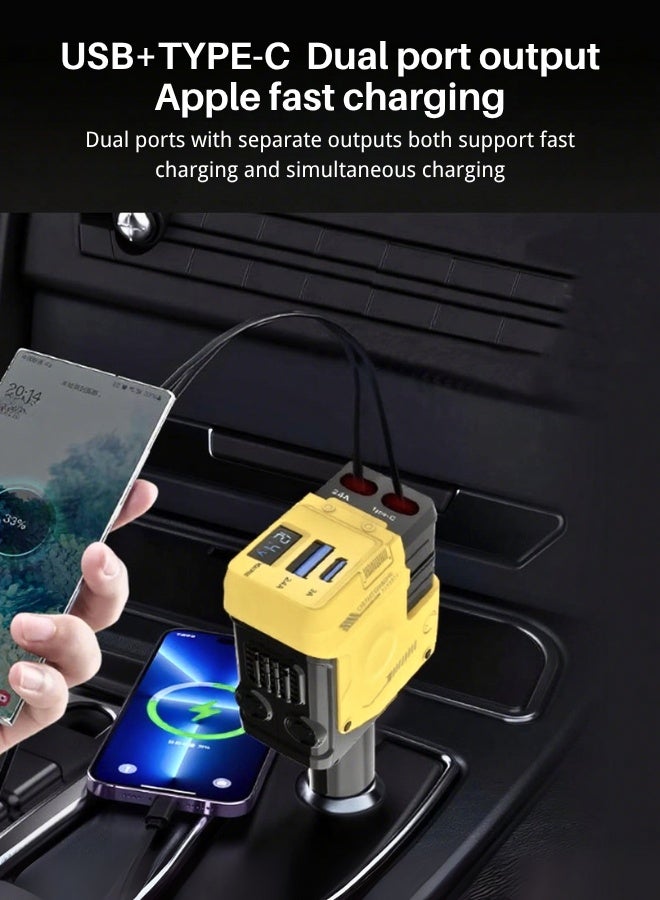 شاحن سيارة سريع 12 فولت/24 فولت مع كابل قابل للسحب - كابل شحن سريع مزدوج USB-C PD قابل للسحب، محول طاقة سريع للسيارة PD20 وات لأجهزة iPhone Type C، مقبس شاحن USB بلوتوث 40 وات للسيارة مع iPhone وSamsung وGalaxy وHuawei وXiaomi | شحن سريع 4 في 1 من النوع C - أصفر ميكا - Image 4