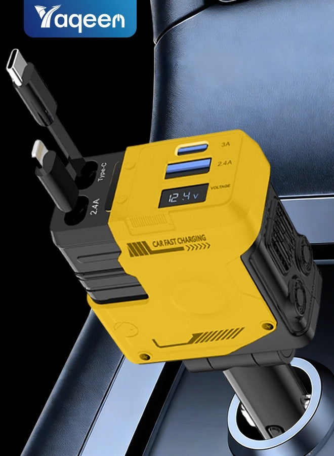 شاحن سيارة سريع 12 فولت/24 فولت مع كابل قابل للسحب - كابل شحن سريع مزدوج USB-C PD قابل للسحب، محول طاقة سريع للسيارة PD20 وات لأجهزة iPhone Type C، مقبس شاحن USB بلوتوث 40 وات للسيارة مع iPhone وSamsung وGalaxy وHuawei وXiaomi | شحن سريع 4 في 1 من النوع C - أصفر ميكا - Image 1
