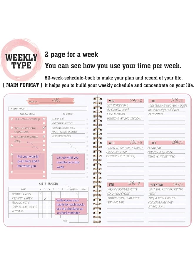 إيروريكس مخطط أسبوعي A5: دفتر قائمة مهام يحتوي على 52 ورقة بدون تاريخ، مخطط يومي مع متتبع أهداف وعادات منظم للمكتب والمنزل والمدرسة والعمل والدراسة والحياة باللون الوردي - Image 2