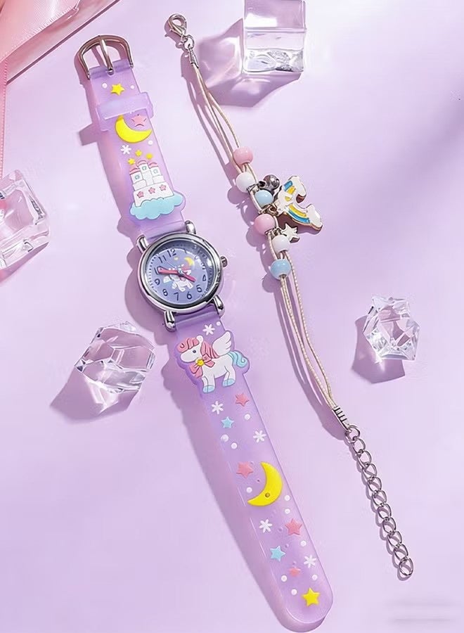 YJ Cute Purple Rainbow Pony Kids' Watch with Bracelet – Easy-to-Read Hands with Heart-Shaped Dial – Fashionable Watch for Girls - Image 2