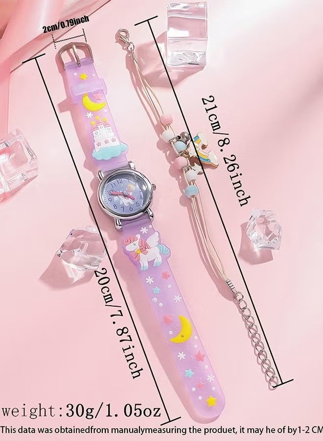 YJ Cute Purple Rainbow Pony Kids' Watch with Bracelet – Easy-to-Read Hands with Heart-Shaped Dial – Fashionable Watch for Girls - Image 5