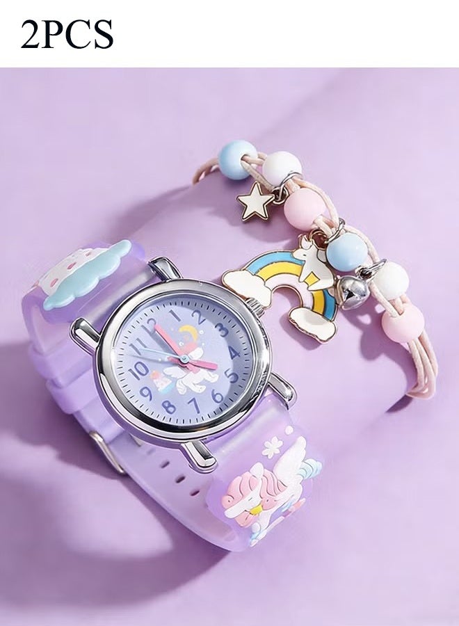 YJ Cute Purple Rainbow Pony Kids' Watch with Bracelet – Easy-to-Read Hands with Heart-Shaped Dial – Fashionable Watch for Girls - Image 1