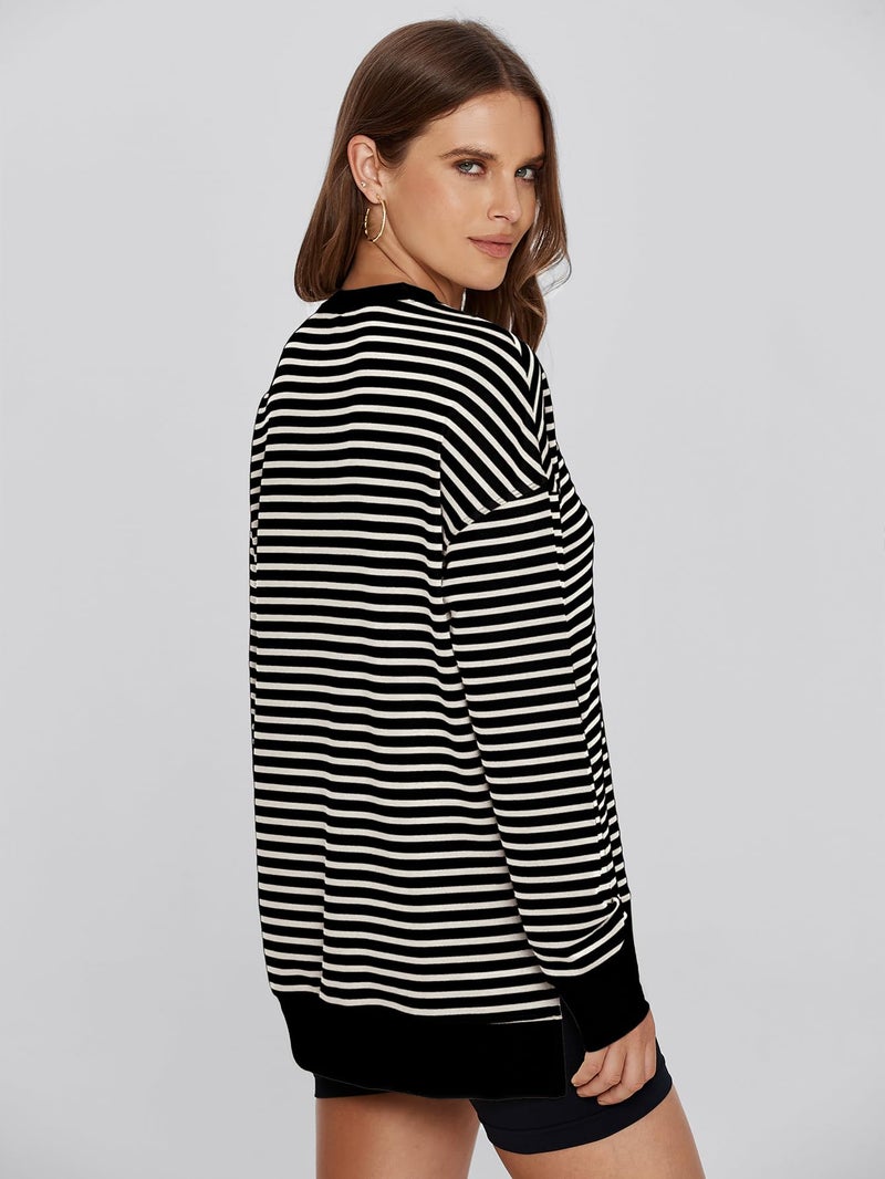 Glamaker Women's Striped Long Sleeve Crewneck Sweatshirt Air Essentials Soft Loose Pullover Sweatshirts Black White S - Image 4