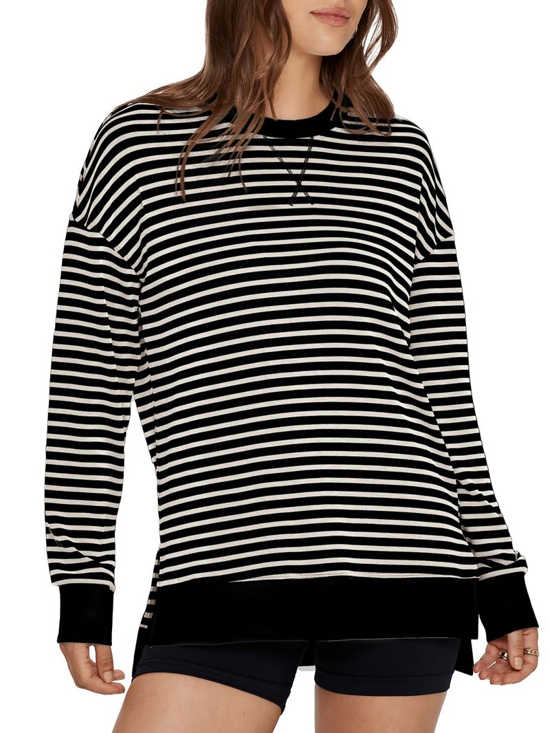 Glamaker Women's Striped Long Sleeve Crewneck Sweatshirt Air Essentials Soft Loose Pullover Sweatshirts Black White S - Image 1
