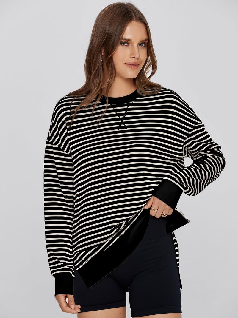 Glamaker Women's Striped Long Sleeve Crewneck Sweatshirt Air Essentials Soft Loose Pullover Sweatshirts Black White S - Image 2