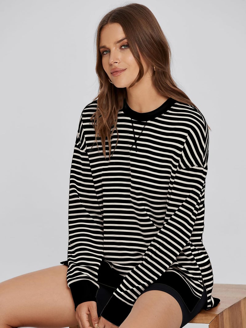 Glamaker Women's Striped Long Sleeve Crewneck Sweatshirt Air Essentials Soft Loose Pullover Sweatshirts Black White S - Image 3
