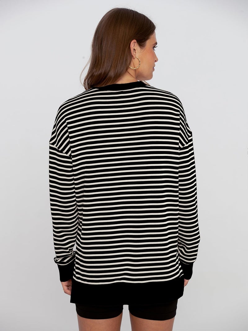Glamaker Women's Striped Long Sleeve Crewneck Sweatshirt Air Essentials Soft Loose Pullover Sweatshirts Black White S - Image 5