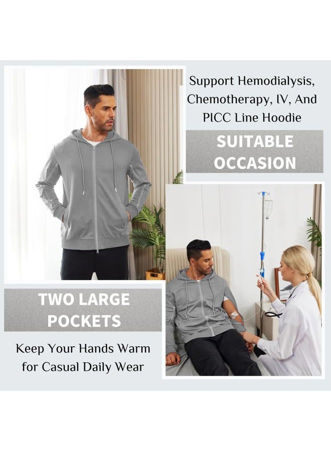 Deyeek Men's Full-Zip Lightweight Sweatshirt Both Arms Two Way Zippers Hemodialysis Cotton Jacket Hoodies with Pockets, Grey, XXL - Image 3