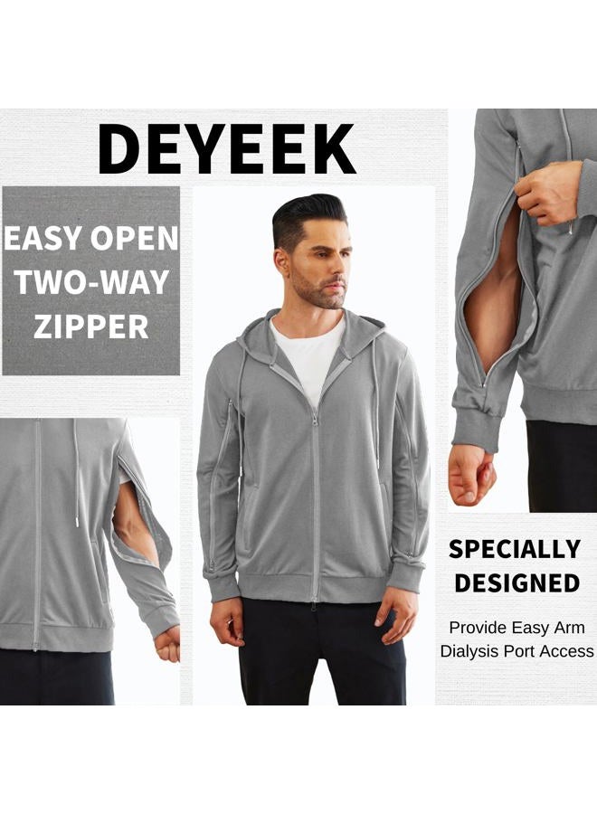Deyeek Men's Full-Zip Lightweight Sweatshirt Both Arms Two Way Zippers Hemodialysis Cotton Jacket Hoodies with Pockets, Grey, XXL - Image 2
