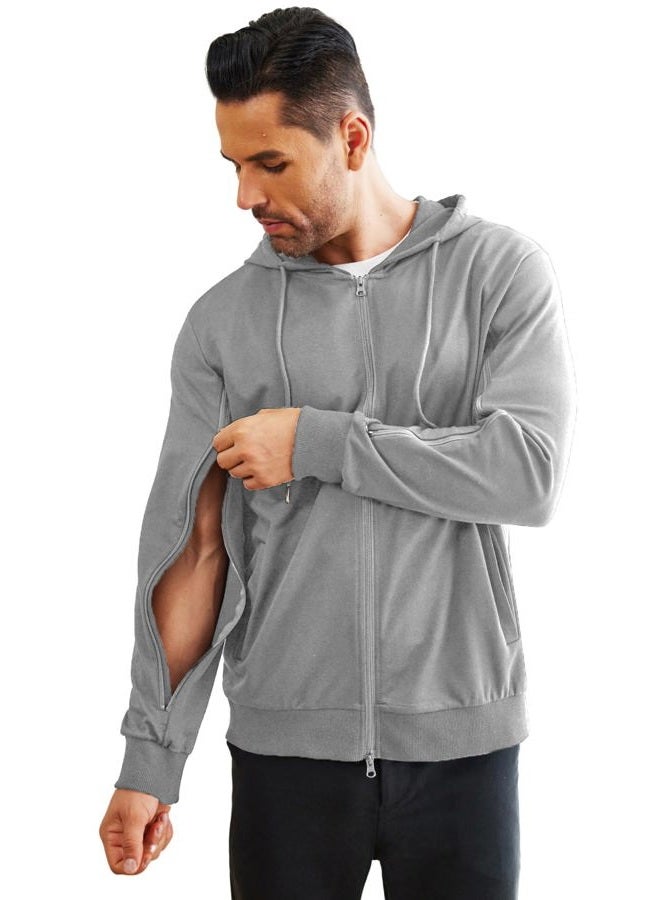 Deyeek Men's Full-Zip Lightweight Sweatshirt Both Arms Two Way Zippers Hemodialysis Cotton Jacket Hoodies with Pockets, Grey, XXL - Image 1