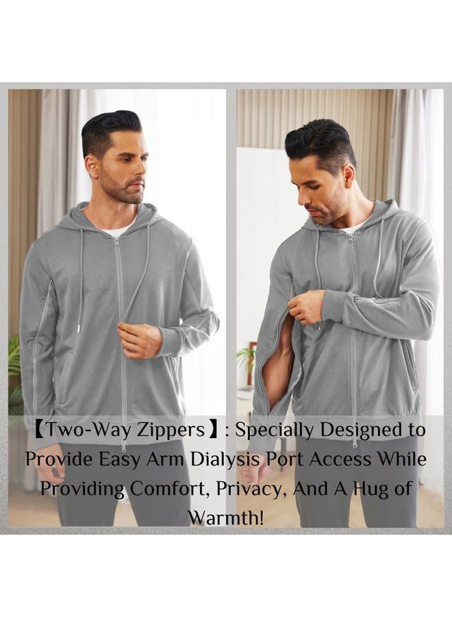 Deyeek Men's Full-Zip Lightweight Sweatshirt Both Arms Two Way Zippers Hemodialysis Cotton Jacket Hoodies with Pockets, Grey, XXL - Image 4