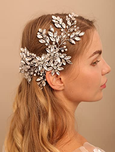 BERYUAN Women Large Hair Comb Silver Bridal Rhinestone Crystal Flower Wedding Hair Accessory Pearl Party Headpiece for Bride Bridesmaid Girls Gold
