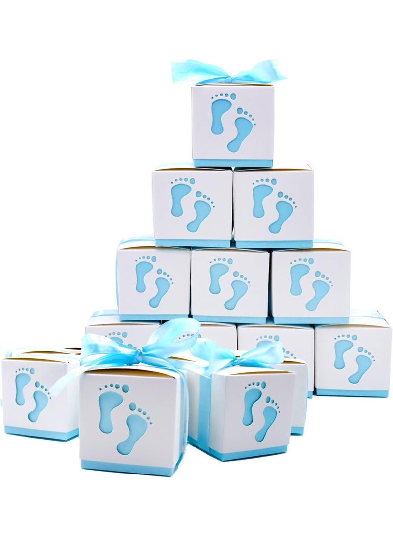 50 Pcs Gift Bags Candy Box 6 * 6 * 6cm Cute Creative Paper Boxes Hollow Design Baby Footprints Baby Showers, Birthday Party Favor, Wedding, Anniversary Supplies with Blue Ribbon (Blue) - Image 1