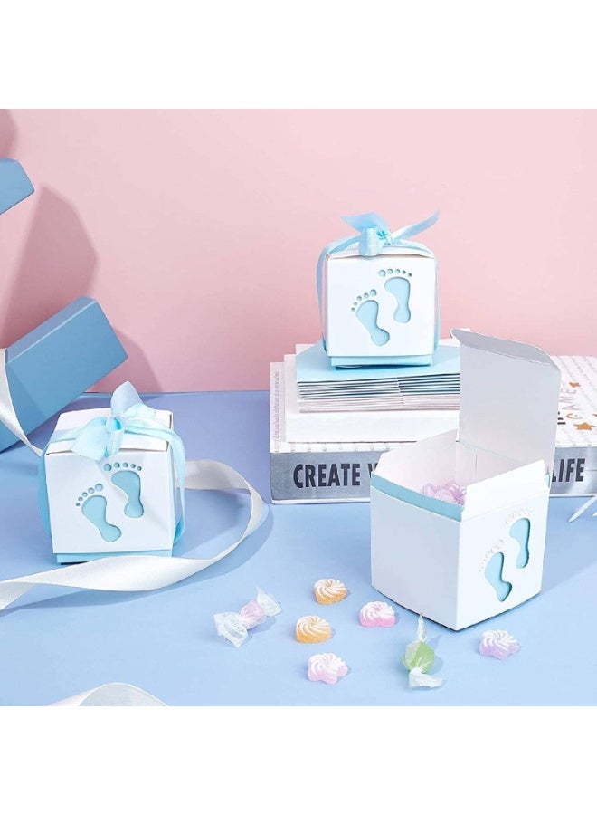 50 Pcs Gift Bags Candy Box 6 * 6 * 6cm Cute Creative Paper Boxes Hollow Design Baby Footprints Baby Showers, Birthday Party Favor, Wedding, Anniversary Supplies with Blue Ribbon (Blue) - Image 5