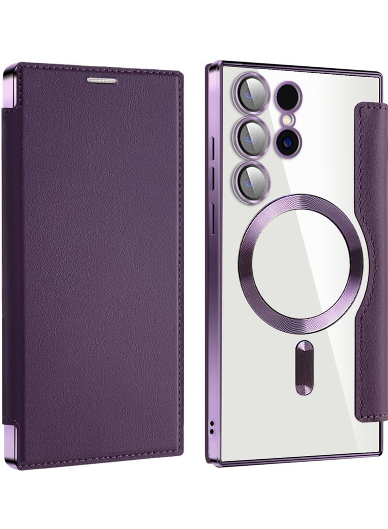 Rock Pow Leather Flip Case for Samsung 2024, Personalized Texture Leather Flip Phone Case, Flip Leather Case for Samsung with Credit Card Holder Green-Purple ||S24ULTRA - Image 1