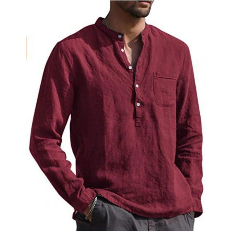 2021 New AliExpress Wish Hot Men's Long Sleeve V-Neck Casual Beach Linen Shirt Men's Light blue M - Image 3