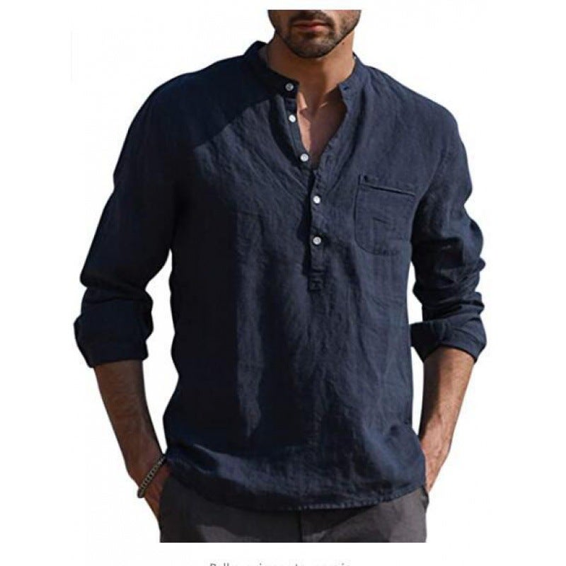 2021 New AliExpress Wish Hot Men's Long Sleeve V-Neck Casual Beach Linen Shirt Men's Light blue M - Image 4