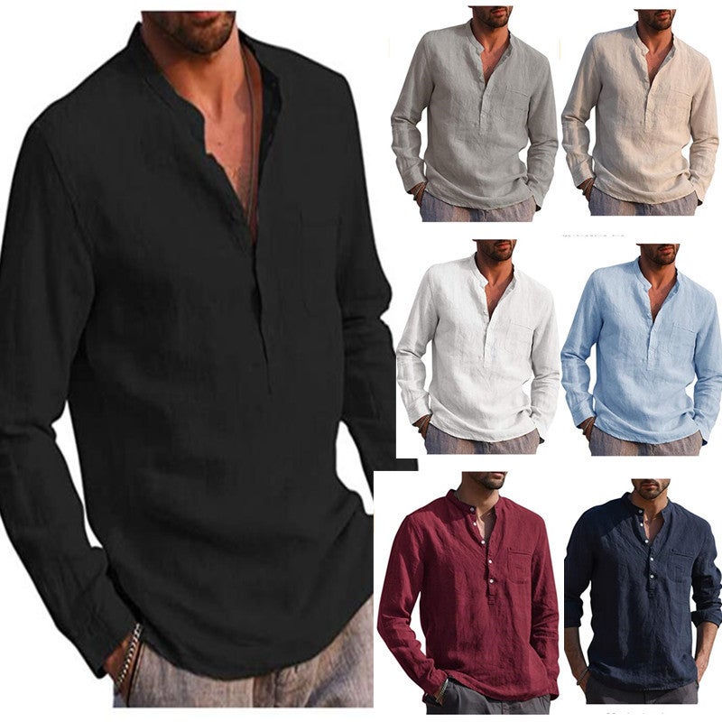2021 New AliExpress Wish Hot Men's Long Sleeve V-Neck Casual Beach Linen Shirt Men's Light blue M - Image 2