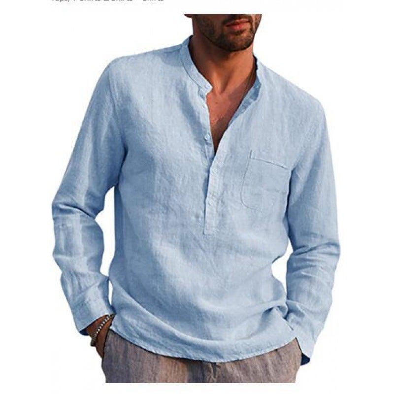 2021 New AliExpress Wish Hot Men's Long Sleeve V-Neck Casual Beach Linen Shirt Men's Light blue M - Image 5