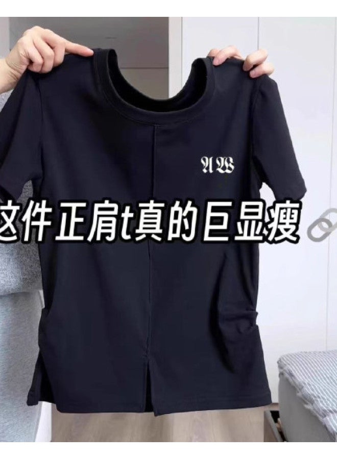 Caramella Fashionable Youthful Slit Design Short Sleeve T-Shirt For Women, Summer Versatile Slimming Top, Breathable Pure Cotton T-Shirt For Women - Image 1