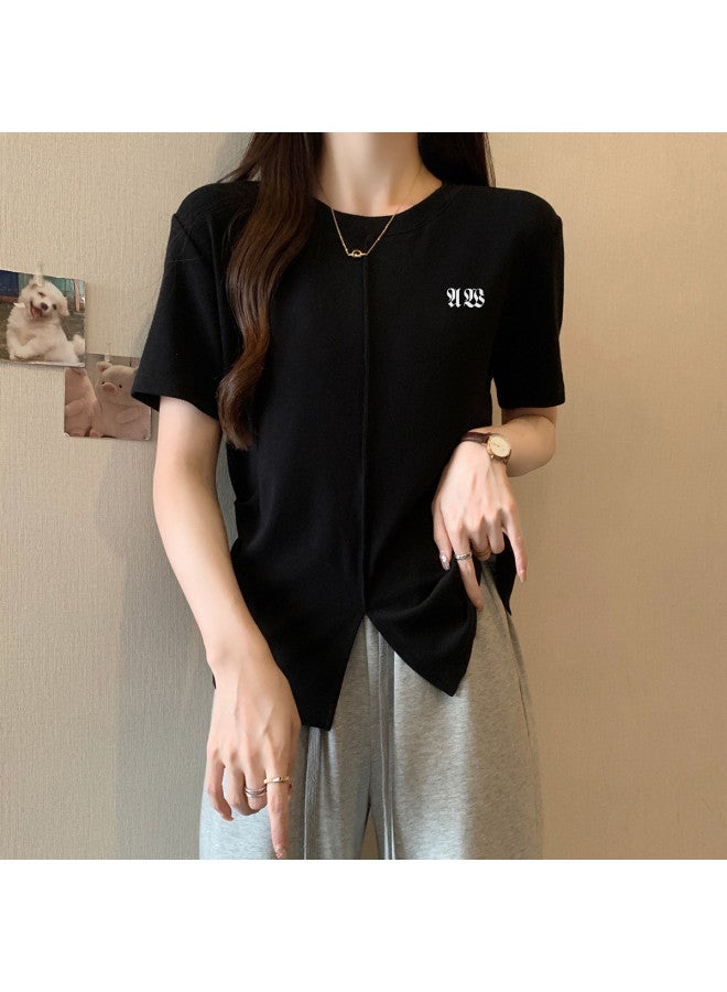 Caramella Fashionable Youthful Slit Design Short Sleeve T-Shirt For Women, Summer Versatile Slimming Top, Breathable Pure Cotton T-Shirt For Women - Image 4