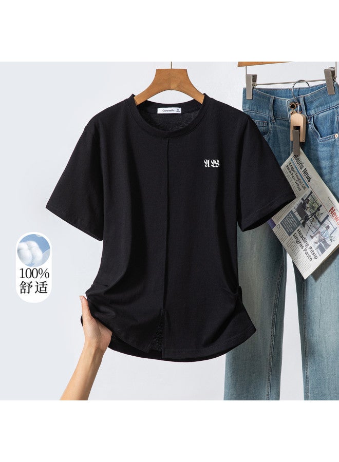 Caramella Fashionable Youthful Slit Design Short Sleeve T-Shirt For Women, Summer Versatile Slimming Top, Breathable Pure Cotton T-Shirt For Women - Image 3