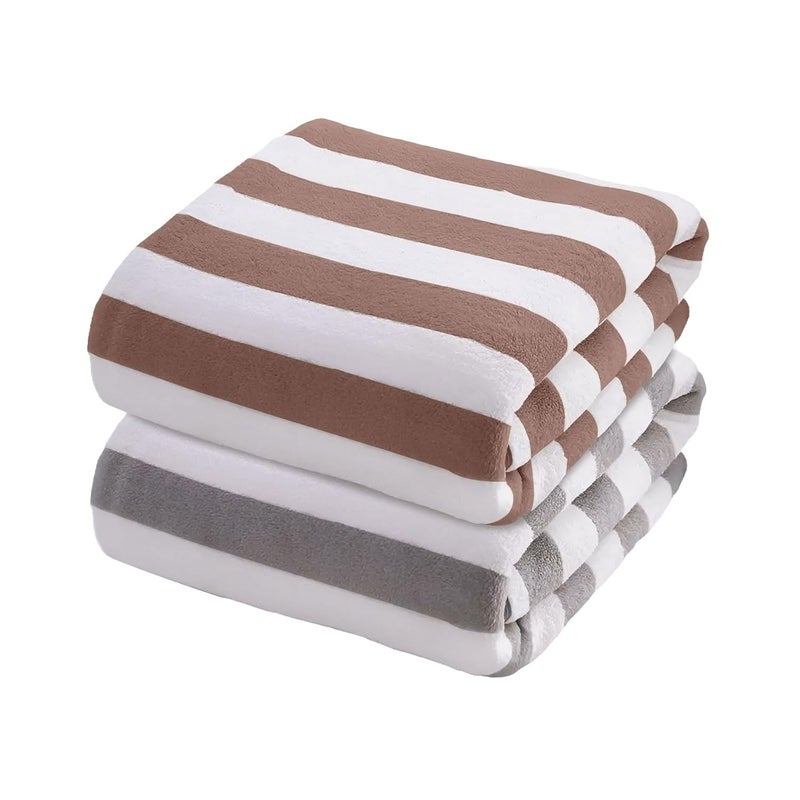 MAXOSHINE Microfiber Towels for BathStripes Bath Towel for Men and WomenSoft Coral Fleece Towel with Hook Quick Dry Super Absorbent70 x 140 cm BrownGrey Pack of 2 - Image 1