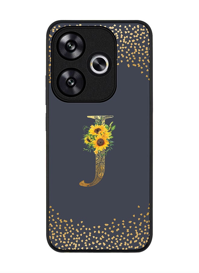 Rugged Black edge case for Xiaomi Poco F6 / Xiaomi Redmi Turbo 3 Case Cover- Custom Monogram Initial Letter Floral Pattern Alphabet - J (Grey)