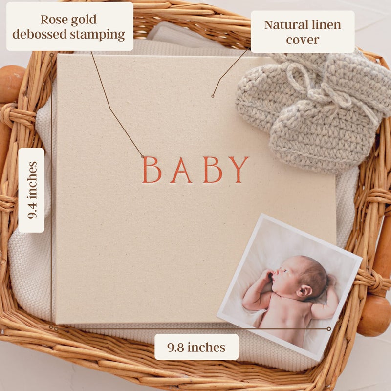 Peachly كتاب ذكريات بيبي بيشلي للجنسين، تذكار بسيط للسنة الأولى للطفل للمعالم، ألبوم قصاصات بسيط للمعالم للأولاد والبنات، كتان طبيعي (هافن) - Image 2