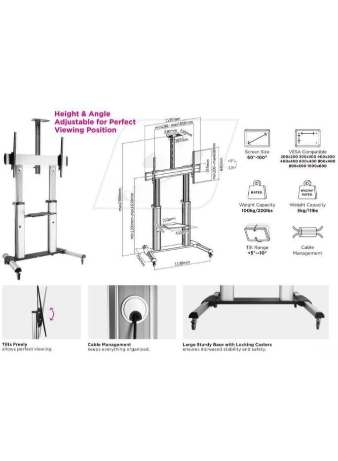 Skilltech Manual Lifting Height Adjustable Ultra-Large Display TV Stand For Most 60" - 100" Screen Up to 100kg Weight Capacity Material Steel Aluminum Plastic Black | SH 666TW - Image 4