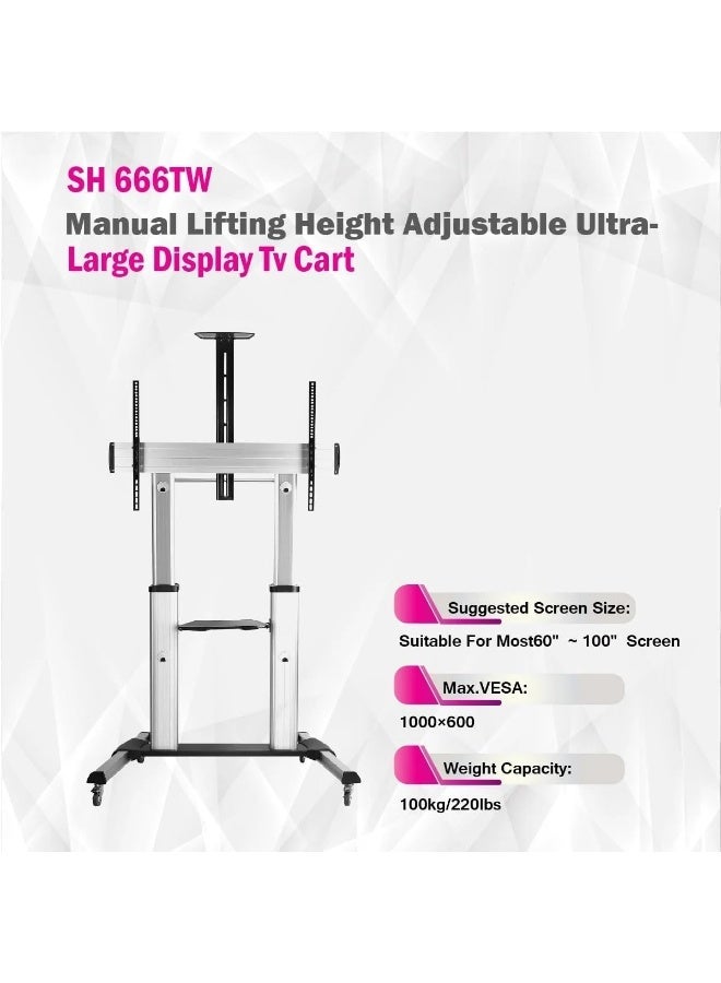 Skilltech Manual Lifting Height Adjustable Ultra-Large Display TV Stand For Most 60" - 100" Screen Up to 100kg Weight Capacity Material Steel Aluminum Plastic Black | SH 666TW - Image 5