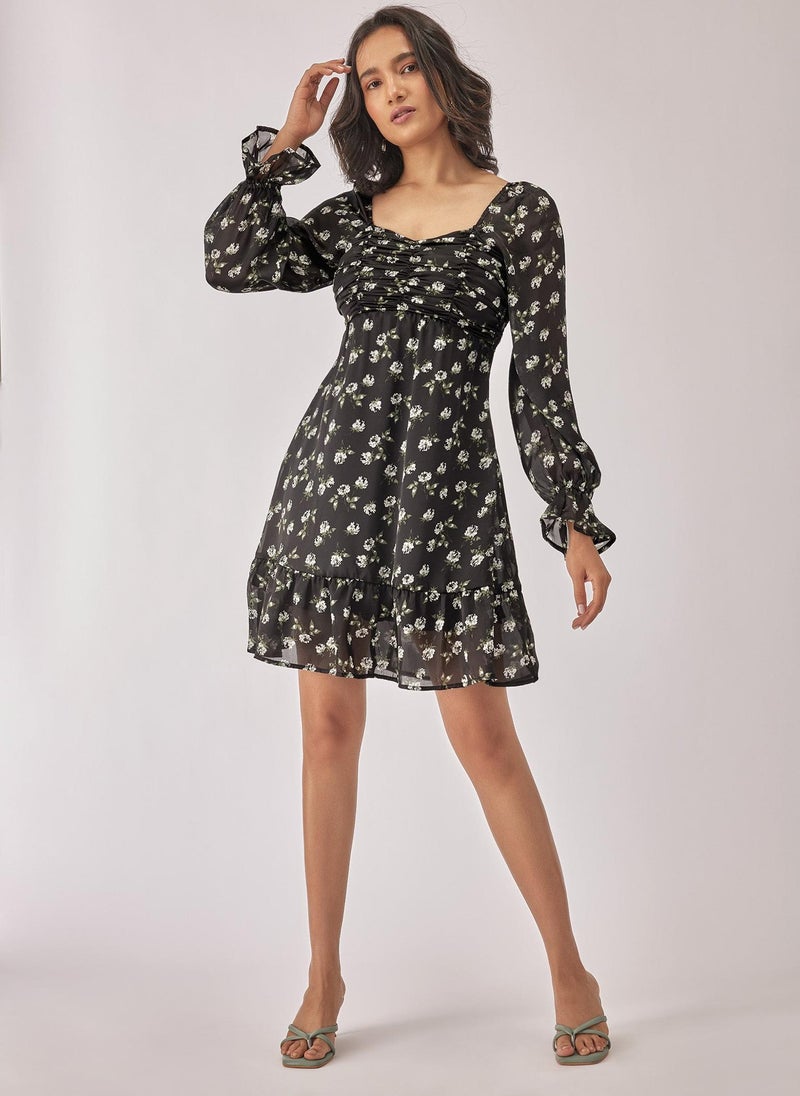The Label Life Black Floral Ruffle Mini Dress  - Image 1