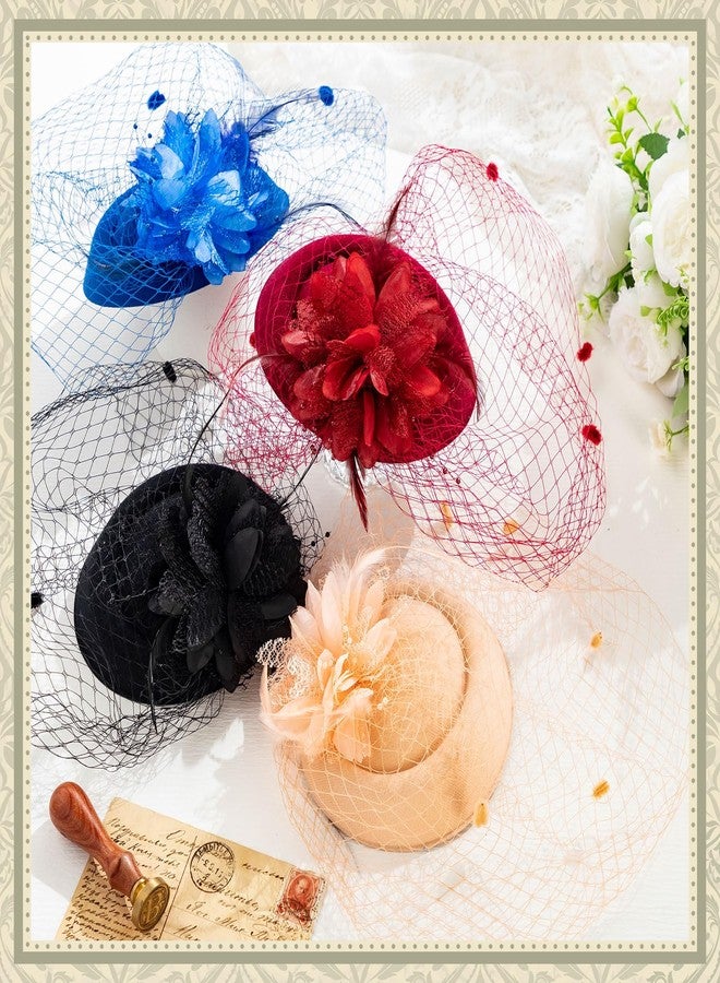 Bunnycool 4 Pcs Fascinators Hat for Women Tea Party 20s 50s Vintage Pill Box Hat with Veil Broad Brim Flower Feathers Headwear for Ladies Church Funeral Wedding Bridal Shower Gift Decoration - Image 4