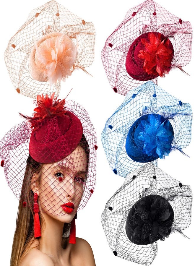 Bunnycool 4 Pcs Fascinators Hat for Women Tea Party 20s 50s Vintage Pill Box Hat with Veil Broad Brim Flower Feathers Headwear for Ladies Church Funeral Wedding Bridal Shower Gift Decoration - Image 1