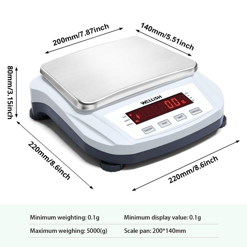 WELLiSH Lab Scale 5000g/0.1g High Precision Digital Scale Analytical Balance Electronic Scale for Kitchen Lab Weighing - Image 2