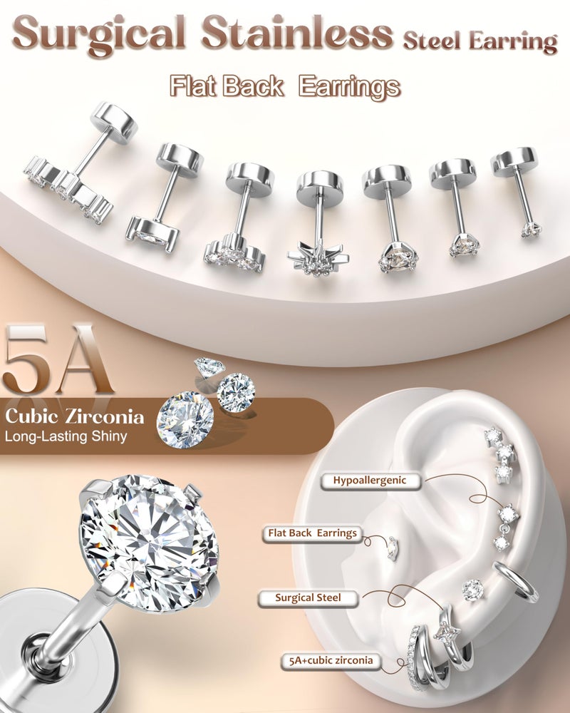 FUNRUN JEWELRY 20G Helix Piercing Jewelry Flat Back Cartilage Earrings for Women - Hypoallergenic Surgical Stainless Steel Gold Stud Hoop Cartilage Helix Earring Set Daith Tragus Conch Flat Back Stud Earrings Single - Image 2