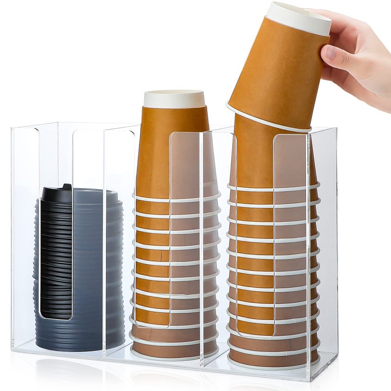 3 Compartments Acrylic Coffee Cup Dispenser Organizer Paper Cup Lid Sleeve Holder Organizer Coffee Shop Supplies Holder Storage for Counter WallClear