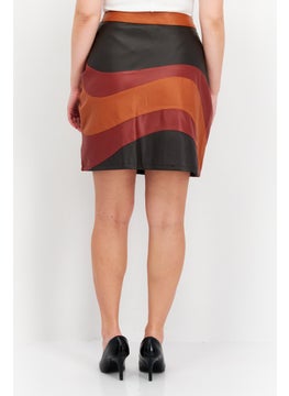 Neon Rose Women Colorblock Leather Mini Skirt, Brown  - Image 2