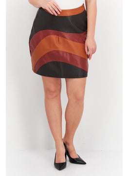 Neon Rose Women Colorblock Leather Mini Skirt, Brown  - Image 1