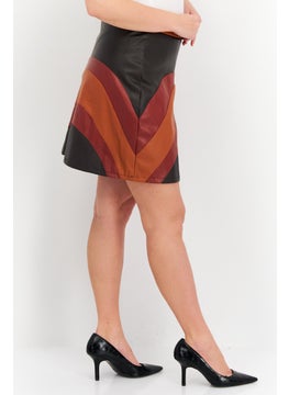 Neon Rose Women Colorblock Leather Mini Skirt, Brown  - Image 3