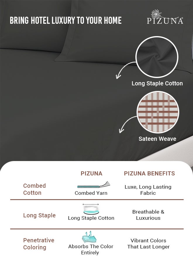 PIZUNA Pure 100% Cotton Twin Fitted Bed Sheet 120x200 cm Dark Grey, 400 Thread Count Cool Luxury Soft Long Staple Cotton Sateen Weave, Deep Pocket Bedsheet Fits 40cm (Fitted Sheet -1PC) - Image 2