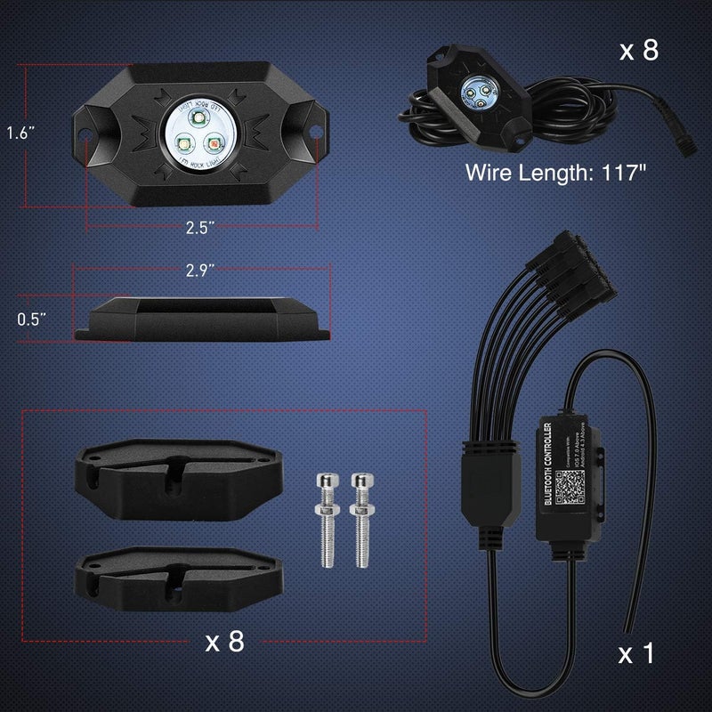 Nilight RGB LED Rock Lights Kit - 8 Pods Multicolor Neon Light with Bluetooth Control for ATV UTV - Image 2