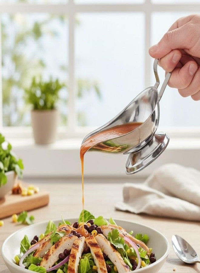 Soro Essentials- 5 oz. Stainless Steel Gravy Sauce Boat Gadroon Base with Loop Handle Set of 2- Restaurant Gravy Boat Dripless Lip Spout Serving Dish Gravy Bowl for Sauces Gravy Salad Dressings Milk - Image 2