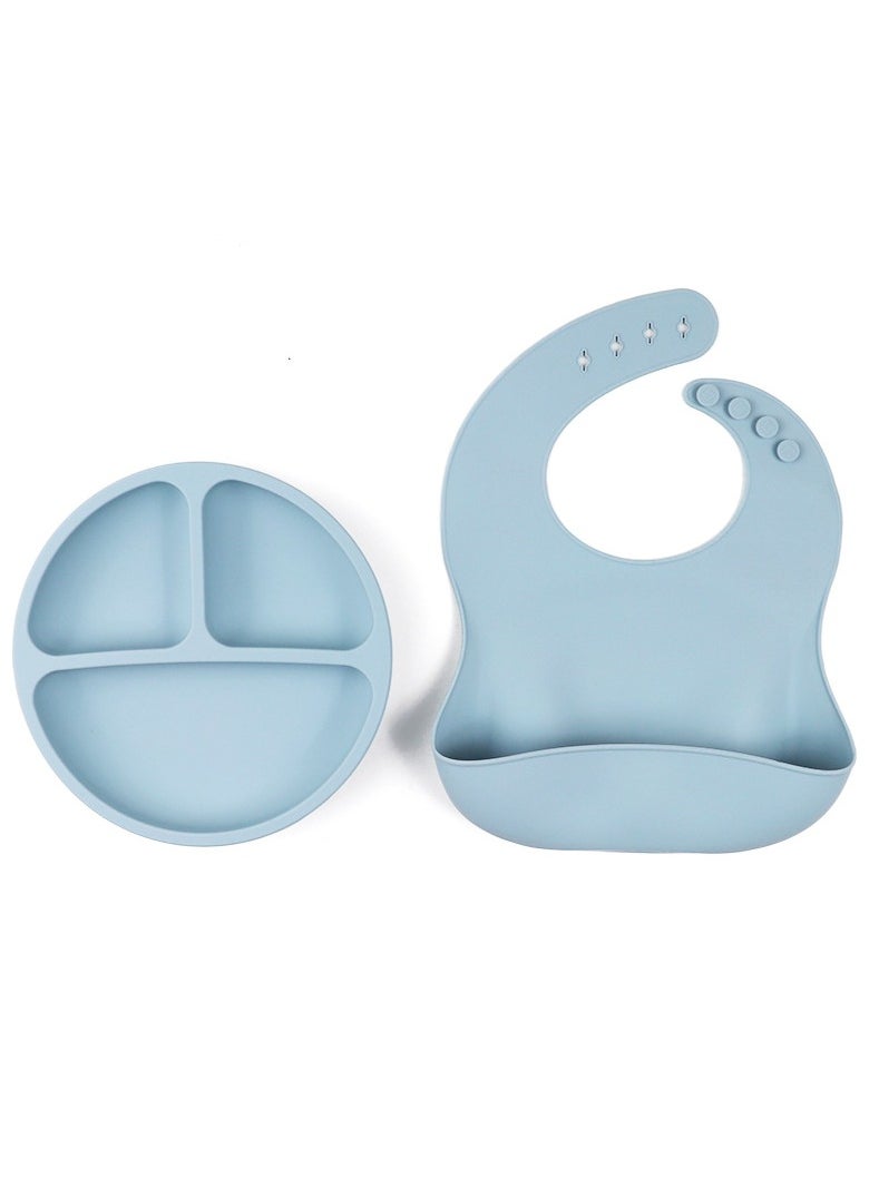 Children's Silicone Tableware Set Baby Food Tray Tableware (Tray + Saliva Pocket) Blue Two-Piece Set - Image 1